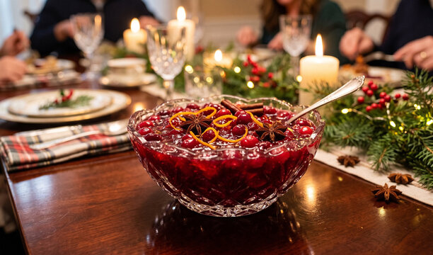 A crystal bowl of shiny ruby-red whole-berry cranberry sauce set on a polished mahogany surface, Translucent sauce glistening with orange zest swirls and whole spiced cra