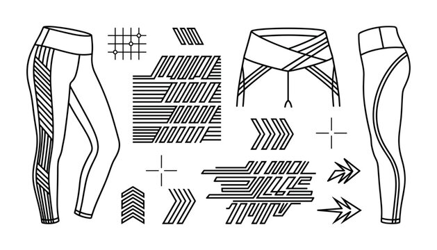 Leggings Design Elements Set with Flat Pattern Variations and Technical Sketches