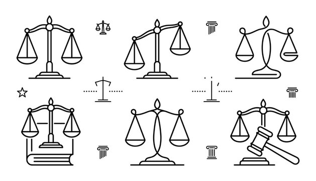 Scales Icons Set, Linear Style, Justice Symbols, Legal Concept Illustration
