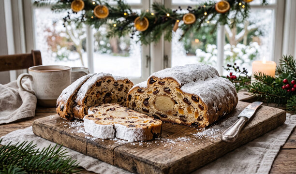A traditional Dresden Christmas Stollen sliced open on a weathered oak breadboard, Generous thick coating of white powdered sugar revealing candied orange peel, raisins, a