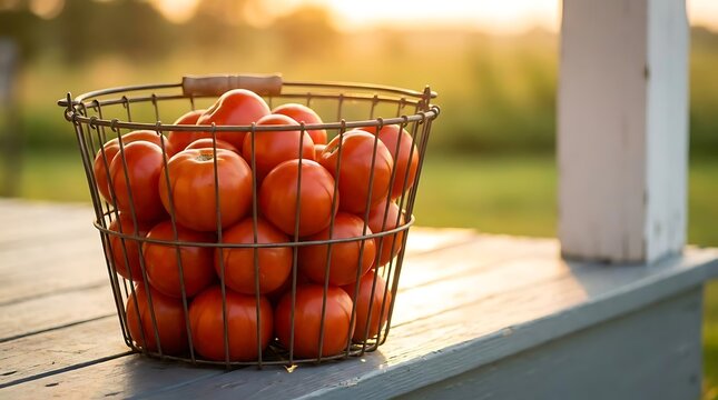 A bushel of tomatoes sitting in a rustic wire basket on a wooden porch during a warm summer sunset at a countryside farm for a fresh vegetable harvest