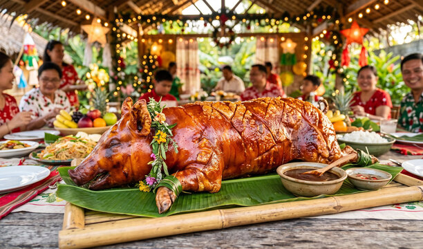 A traditional golden-red whole roasted pig (Lechon) displayed on a banana-leaf lined bamboo tray, Ultra-crispy shattered skin glazed to perfection with rich liver sauc