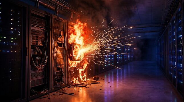 Dramatic scene of server room fire with sparks and flames erupting from computer rack cabinet causing catastrophic data center failure and critical hardware damage in high tech infrastructure