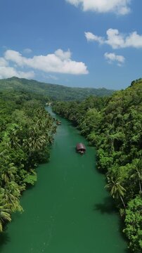 Vertical drone flyover of Loboc River with cruise boats traveling downstream between palm-lined forested hills in Bohol