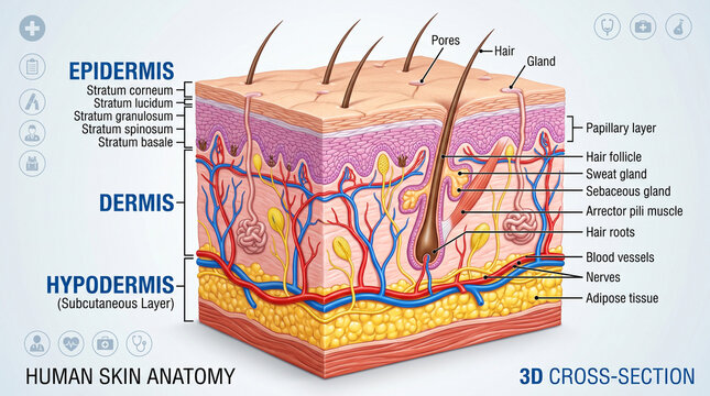 Detailed human skin anatomy diagram featuring epidermis dermis and hypodermis layers in a professional medical illustration