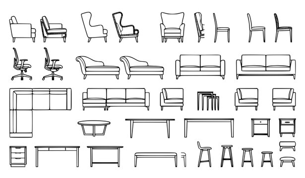 Architectural Furniture Section Symbols with Contemporary Chairs Sofas Tables and Armchairs for CAD Drawings