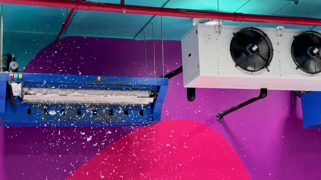 A blue artificial snow machine suspended from the ceiling drops white foam flakes inside a brightly colored indoor amusement center. Red pipes and a white fan unit are visible in the background.