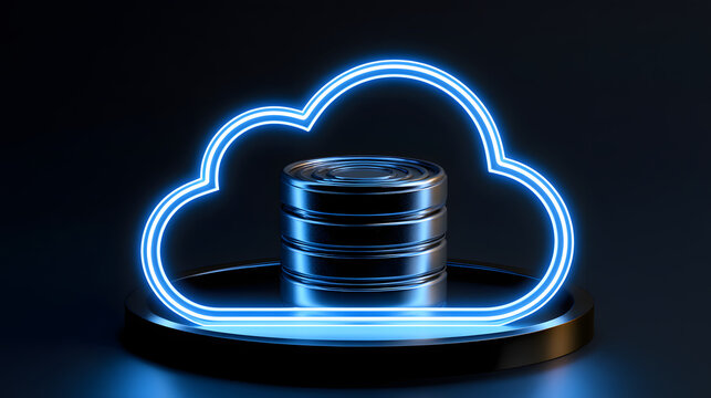 A metallic cylinder enclosed within a glowing blue neon cloud is a symbol for cloud computing technology, online server hosting, and secure data storage.
