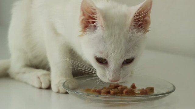 Kitten eating fresh green food, animal background