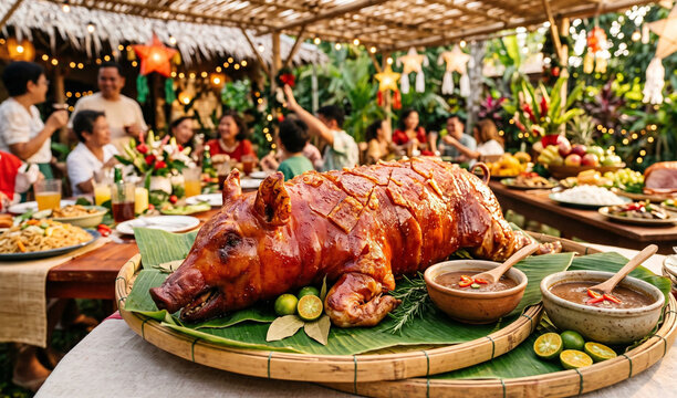 A traditional golden-red whole roasted pig (Lechon) displayed on a banana-leaf lined bamboo tray, Ultra-crispy shattered skin glazed to perfection with rich liver sauc