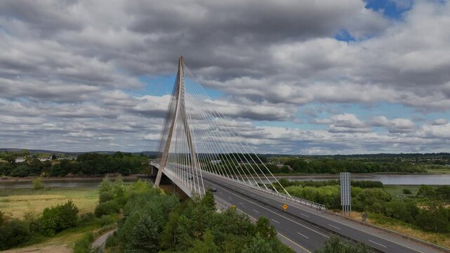 Aerial view of the Thomas Francis Meagher Bridge spanning the River Suir between Waterford and Kilkenny, Ireland.