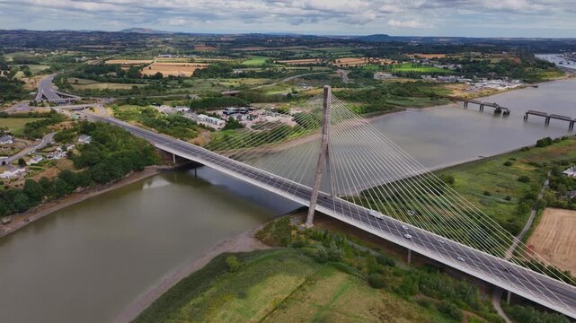 High-angle drone view of the Thomas Francis Meagher Bridge and River Suir between Waterford and Kilkenny.