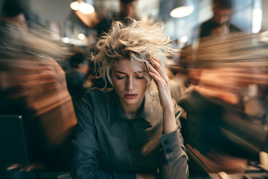 A perplexed woman seated at a desk, with her eyes closed, appears exhausted in a bustling office environment, where motion blur symbolizes workplace stress and poor employee well-being