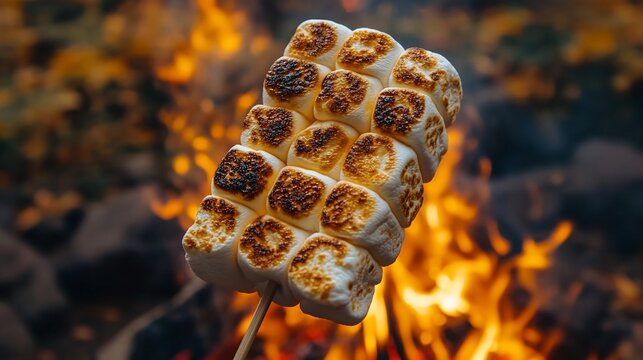 Toasted marshmallows on a stick by campfire, rocks & blurred forest background