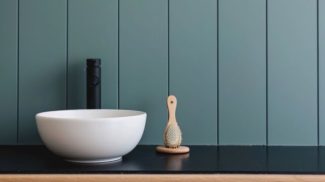 Minimalist bathroom scene white basin sink black faucet natural wood hairbrush on dark counter set against vertical teal wall paneling