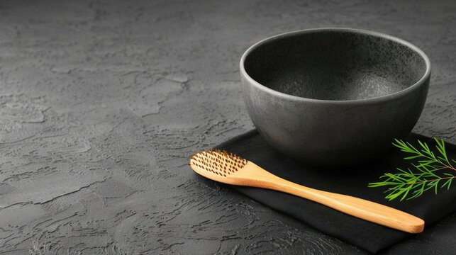 A minimalist arrangement of a dark ceramic bowl a bamboo spoon with a gold grated head and a fresh green herb placed on a black cloth atop a textured dark gray surface