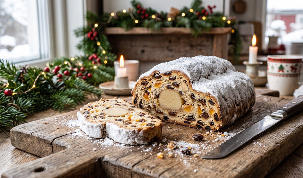 A traditional Dresden Christmas Stollen sliced open on a weathered oak breadboard, Generous thick coating of white powdered sugar revealing candied orange peel, raisins, a