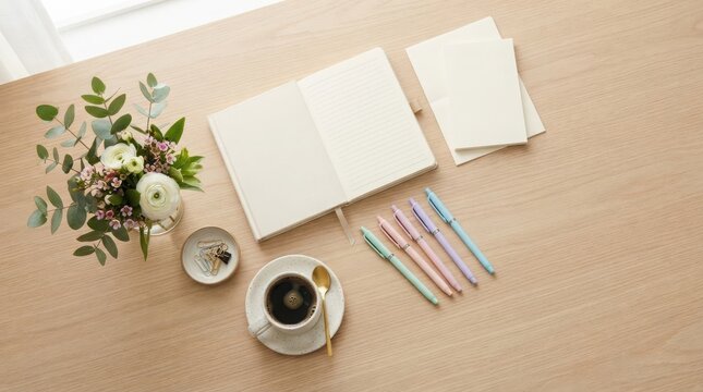 Open notebook with colorful pens and coffee cup on a wooden desk with a small flower vase for creative planning and daily journaling
