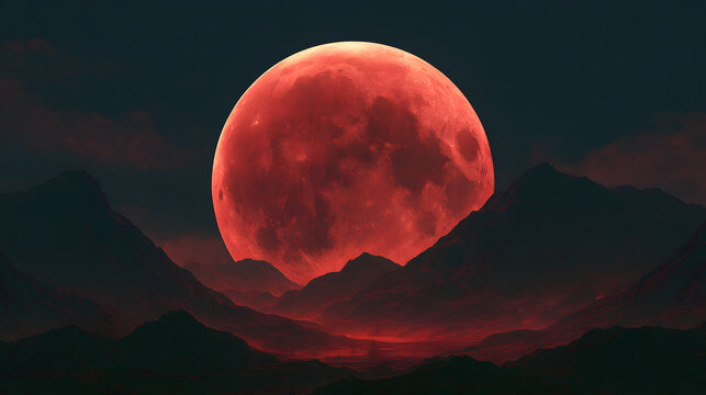 A radiant red moon illuminating a Japanese-style dim backdrop, crafted as a breathtaking 4K desktop wallpaper