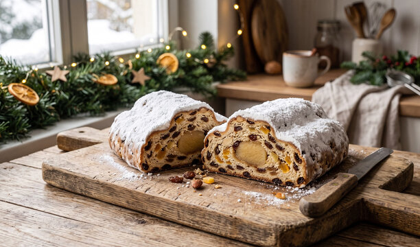A traditional Dresden Christmas Stollen sliced open on a weathered oak breadboard, Generous thick coating of white powdered sugar revealing candied orange peel, raisins, a
