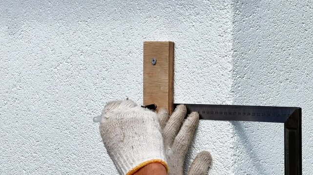 Close-up shot of a gloved worker using a steel try square ruler and pencil to measure alignment on a white wall. Ideal for construction tutorials and DIY guides.