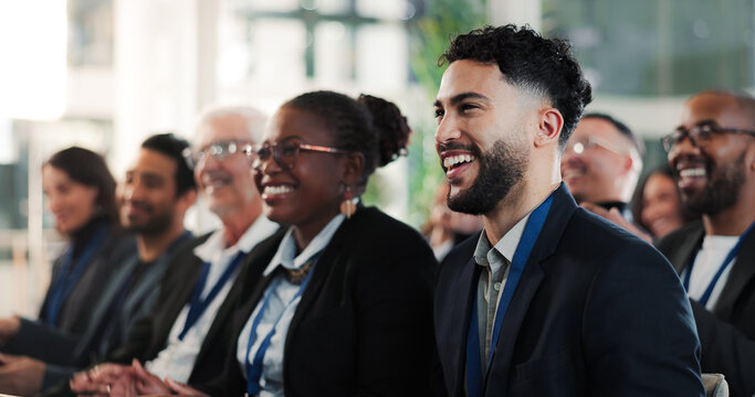 Presentation, crowd or man at seminar with training, attention or budget review at conference. Happy, finance advisor or audience with learning, target coaching or engagement at corporate event.