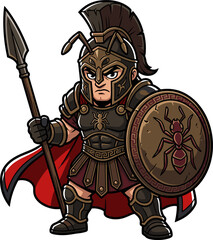 Fototapeta premium A pixel art illustration of an insect warrior character wearing spartan-inspired armor, holding a spear and shield, suitable for game or mascot concepts.
