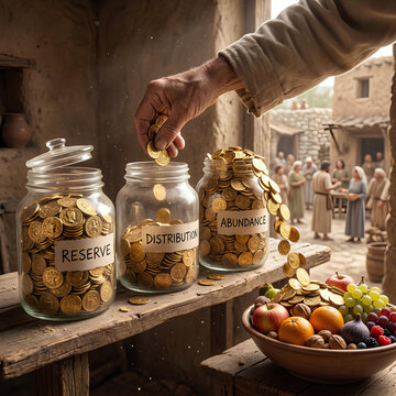 Generosity and Wealth Coins poured into jars labeled Reserve Distribution Abundance
