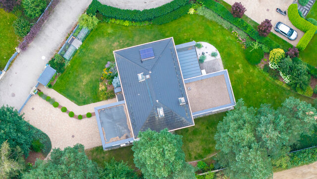 Aerial view of single-family homes, suburban housing estate.