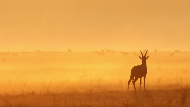 Lone antelope stands calling in warm misty sunrise light on open African plains