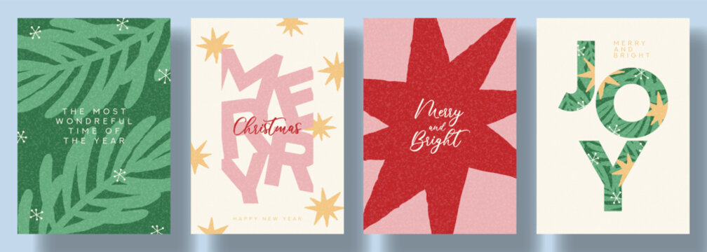 Creative Christmas and New Year card set. Hand-drawn style poster collection for design of covers, branding, holiday events, packaging. Vector illustration with stars, Christmas tree branshes.