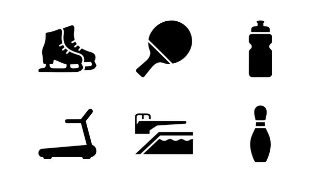Minimalist sports icon set with 6 black vector symbols, athletic equipment and fitness activity icons, solid glyph style sport graphics isolated on Transparent Background
