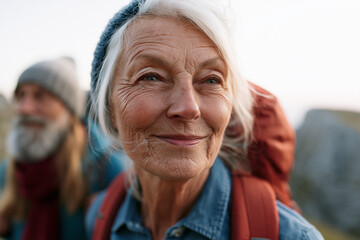 Plakat Sunlit trail. Senior woman smiles warmly. Her white hair glows gently. Soft background hints at nature. She carries a red backpack. Adventure and peace meet here