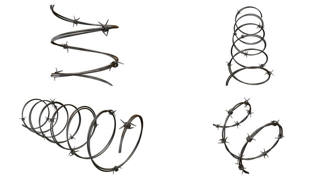 Set of four different spiral metal barbed wire coils with sharp spikes for industrial security and safety fencing