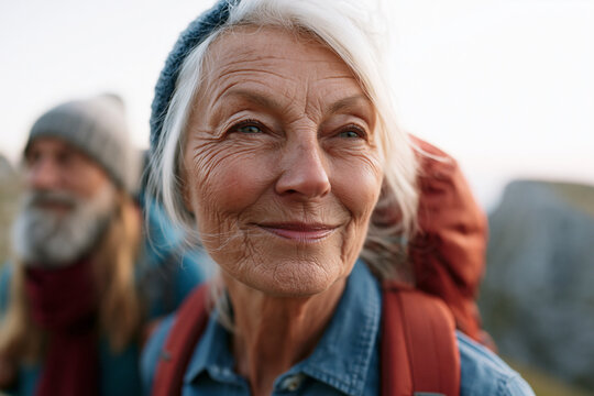 Sunlit trail. Senior woman smiles warmly. Her white hair glows gently. Soft background hints at nature. She carries a red backpack. Adventure and peace meet here