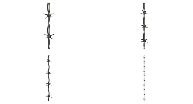 Set of four different styles of sharp metal barbed wire segments for security border fence design elements