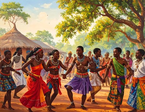Traditional African Village Tribal Celebration and Community Dance.
