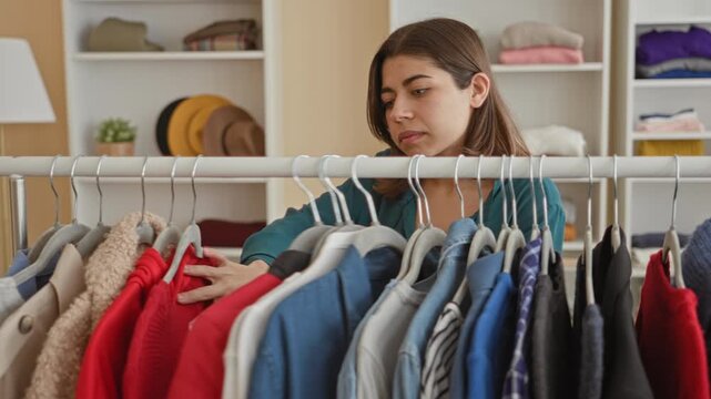 Woman pulling a red sweater from a clothing rack with her hand, browsing jackets and shirts amid shelves of hats and folded clothes in a studio; thoughtful choice.