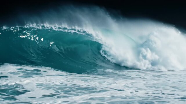 Crashing ocean wave with turquoise water and white foam, powerful surf breaking against dark background, dynamic motion