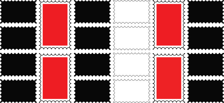 A repeating pattern of rectangular postage stamp frames, featuring a mix of solid black rectangles, solid red rectangles, and empty outlined frames on a white background