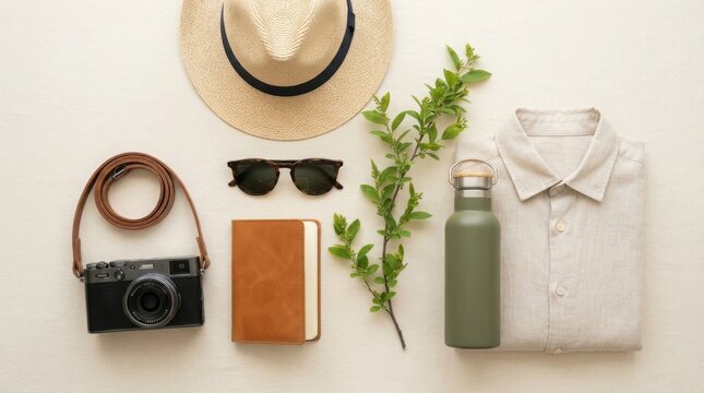 Flat lay of travel accessories including a camera notebook sunglasses water bottle and shirt isolated on a plain background