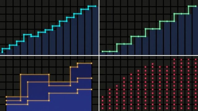 4分割された黒グリッド上で多色に発光する複合データチャートの可視化