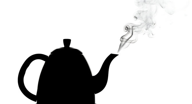 Black silhouette of a hot tea kettle with steam rising
