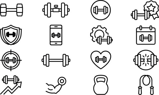 Fitness and bodybuilding line icon set featuring dumbbells kettlebell skipping rope biceps heart shield calendar gear and target elements for gym workout training and sports application interface