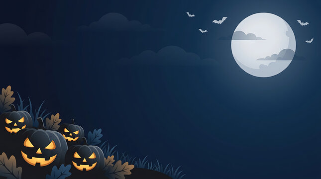 Spooky halloween night with glowing jackolanterns under a full moon and dark clouds
