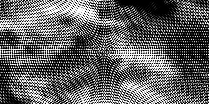Black and white halftone square pattern background vector abstract circular radial grid texture