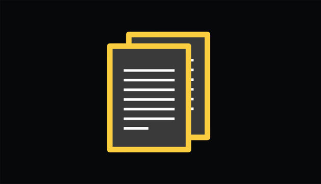 Double paper document icons with yellow border representing business contracts forms and legal reports on black.
