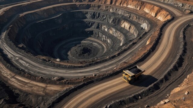Massive open-pit mine showcasing intricate layers and industrial machinery below