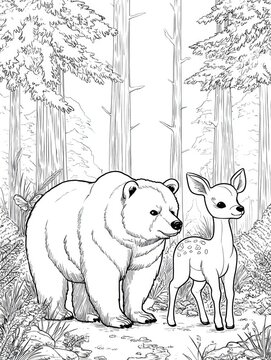 Gentle bear and fawn share serene forest moment surrounded by lush greenery