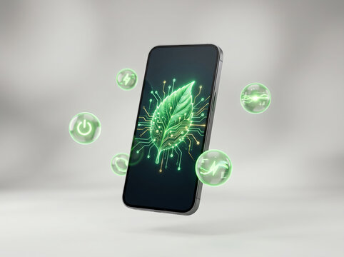 3D Render of Green Technology Smartphone with Digital Leaf and Sustainable Energy Interface